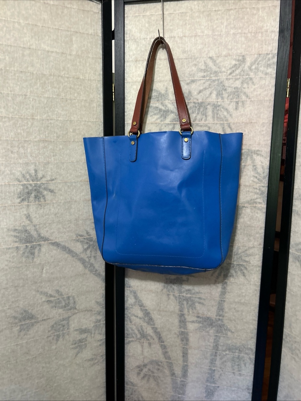 Boden Blue Leather Tote Brown Handles Snap Closure Unlined Pouch & Pocket